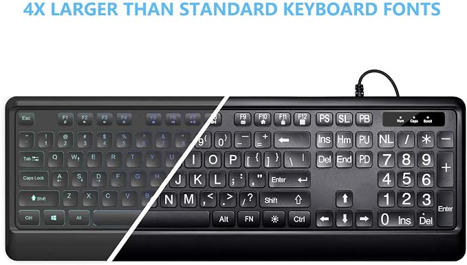 KOPJIPPOM Large Print Backlit Keyboard, USB Wired Computer Keyboard, Full Size Keyboard with White Illuminated LED Compatible for Windows Desktop, Laptop, PC, Gaming, Black