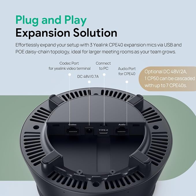 Yealink CP50 Conference Call Speaker and Microphone with AI Noise Cancellation, Speakerphone for Teams Room, 8 360 Omnidirectional Mics, Bluetooth, USB-C, Daisy Chain, 19.69ft Pickup