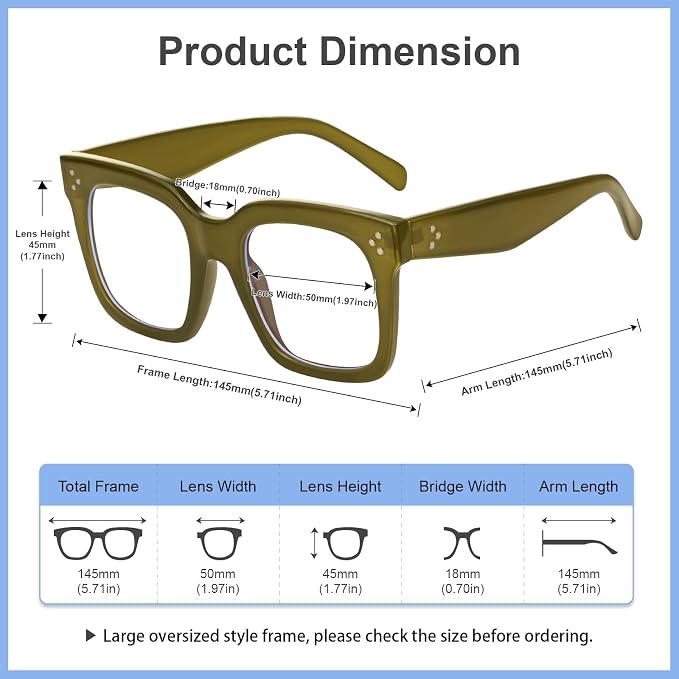 Ovresized Blue Light Blocking Glasses for Women Men Square Computer TV Eyeglasses