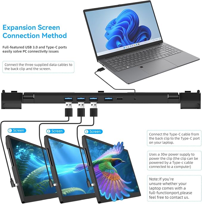 ADREAMER 13.3" Triple Screen Laptop Monitor Extender, Detachable 3 Screen Monitor for Laptop 13"-16", 1920x1200 IPS 16:10, 1 Cable for 3 Displays, Compatible with Wins/Mac.