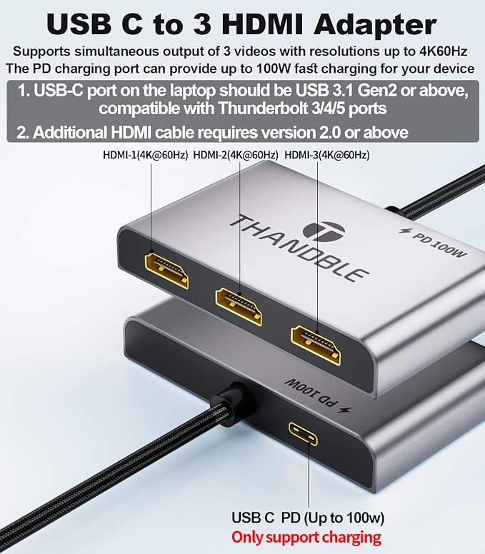 USB C to 3 HDMI Adapter with 100W PD Charging, Triple 4K60Hz Monitor Extender for Dell/Surface Pro/HP, HDMI Splitter Extended Display Hub, Plug & Play Laptop Multi-Screen Adapter