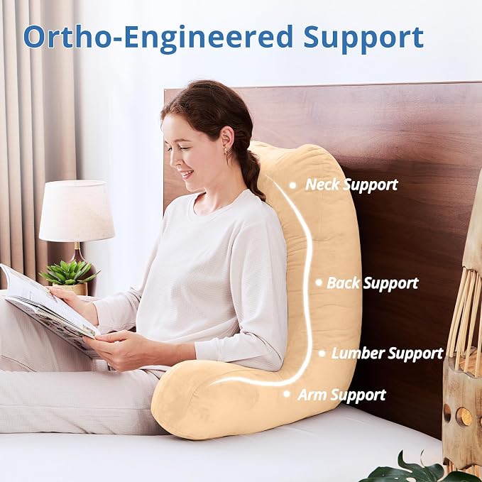 Sasttie 25-inch Reading Pillows for Sitting in Bed Adult, Jumbo Velvet Back Pillow Bed Sitting Up, XL High Back-Rest Support Cushion for Sit Up on Couch & Floor, Oeko-Tex Certified, Camel