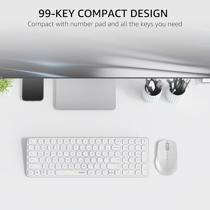 Rapoo Wireless Keyboard and Mouse Combo, Blade-Series E9310M 99-Key Ultra-Thin Keyboard and M300G Silent Mouse, Support 4 Devices, Quiet, Compact, Battery Powered, for Windows/Mac/Linux/Chrome