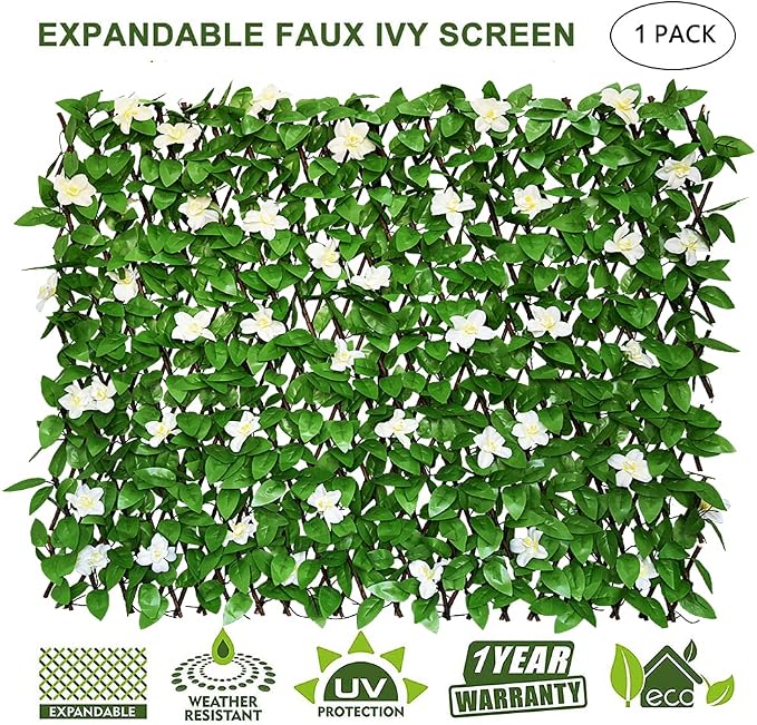 GLANT Expandable Fence Privacy Screen for Balcony Patio Outdoor,Decorative Faux Ivy Fencing Panel,Artificial Hedges (Single Sided Leaves) (1, Green-Flowers)