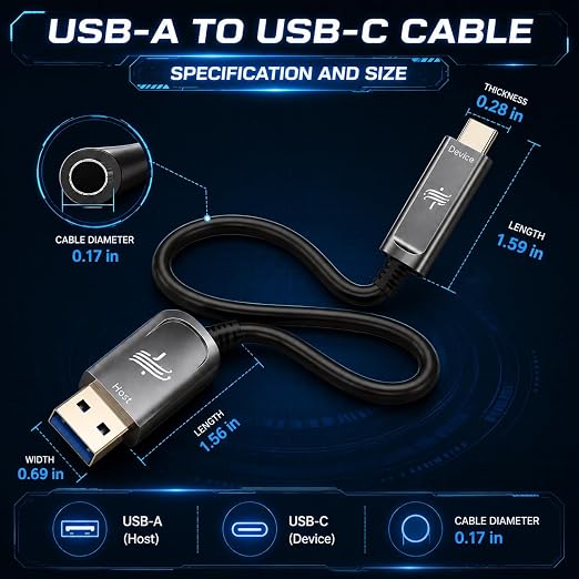 Fiber Optic USB A to USB C Cable(50ft),High Speed 10Gbps USB 3.2 Gen2 Active Optical Cable for VR, Webcam, Laptop,Camera,Projector etc,Grey