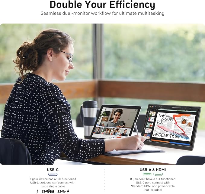 KQC 14 Inch Portable Monitor FHD 1200P, Ultra-Slim USB-C HDMI Plug & Play External Display, 100% sRGB Dual Speakers, Travel Laptop Monitor with Stand for PC Phone Xbox PS4/5
