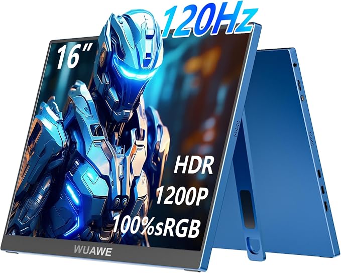 WUAWE 16" 1200P 120Hz Portable Monitor for Laptop, 100% sRGB Portable Laptop Monitor with Built-in Stand, HDR and Freensync, External USB C Monitor for Phone, MacBook, Laptop, PC(Blue)