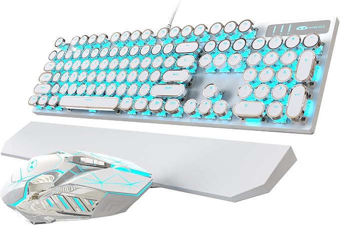 Typewriter Mechanical Gaming Keyboard and Mouse Combo, Retro Punk Round Keycaps RGB Rainbow Backlit Wired Keyboard for Game and Office, for Windows Laptop PC, Red Switches(White)
