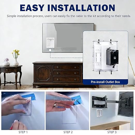 Wall Cable Concealer Management Kit, Recessed TV Outlet Box, in Wall TV Box Hidden Cable Connection Kit, Behind TV Outlet Box Recessed Wall Mount TV Box to Hide Power Cables and Low Voltage Wires