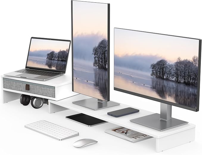 Fenge Computer Monitor Riser Stand with Drawer for 2 or 3 Monitors ,Adjustable Length and Angle Desktop Laptop Stand,Office Organizer,Printer,White