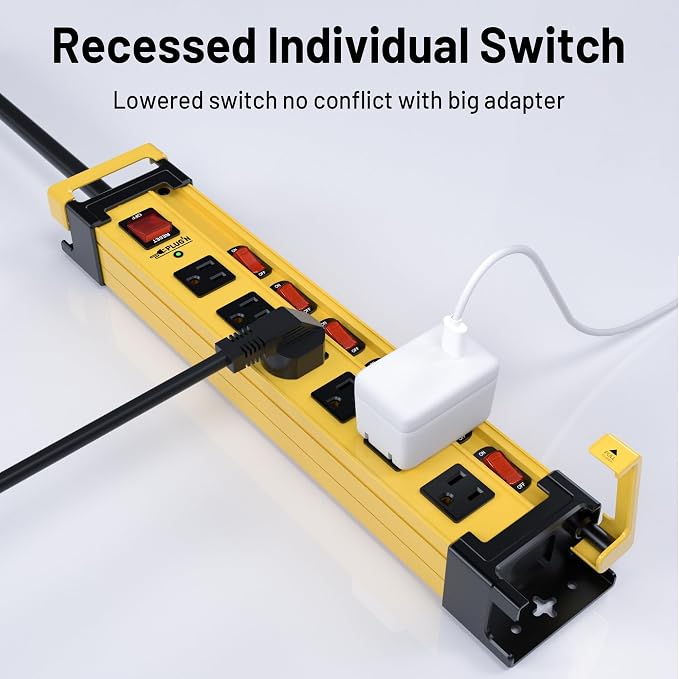 Power Strip Surge Protector 2700J with Individual Switches and Flat Plug, 15FT Heavy Duty Cord 6 Wide Spaced Outlet Mountable Metal Power Strips with Cord Manager and Hanger