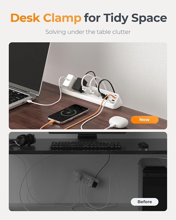 TESSAN Desk Clamp Power Strip 6 Ft, 2100J Surge Protector Desk Charging Station, 5 Outlets with 4 USB Ports (2 USB C), Flat Plug Extension Cord with Multiple Outlets for Home Office Dorm Room, Grey