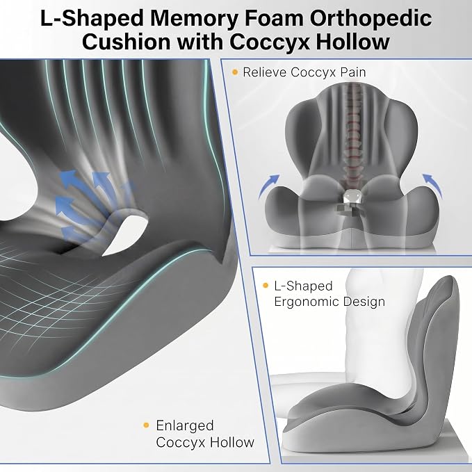 Ergonomic Office Chair Seat Cushion, L-Shaped Memory Foam Coccyx Cushion for Tailbone Pain Relief, Orthopedic Car Seat Cushion with Lumbar Support & Cutout Hollow for Sciatica & Back Pain (Grey