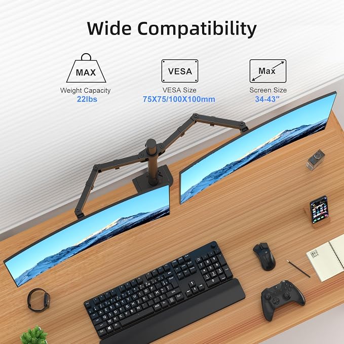 Suptek Dual Monitor Desk Mount, Adjustable Dual Monitor Arm for 2 Monitor Screens up to 43 inch, 15.75" Pole Monitor Stand for Desk, Holds up to 22 lbs, Black(MD9442LB)
