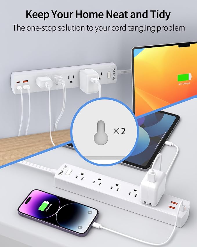 DEPOW Power Strip Surge Protector with 5 AC Outlets(1625W/13A) 4 USB Ports (2 USB C), Ultra Thin Extension Cord, Low Profile Flat Plug, 1700 Joules, Wall Mount for Home Office, White，10 Ft
