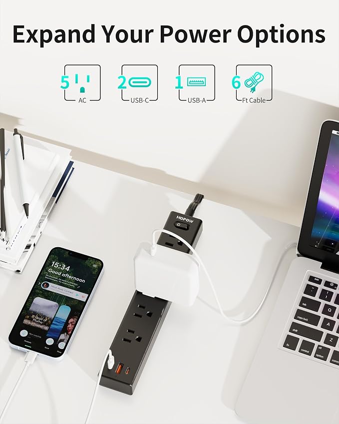 HOPOW Flat Plug Power Strip, 2 Pack, 6 Ft Ultra Thin Flat Extension Cord, Surge Protector with 5 Outlets & 3 USB Ports (2 USB C Slots), 1700 Joules, 3-Prong, Wall Mount for Home Office Dorm, Black