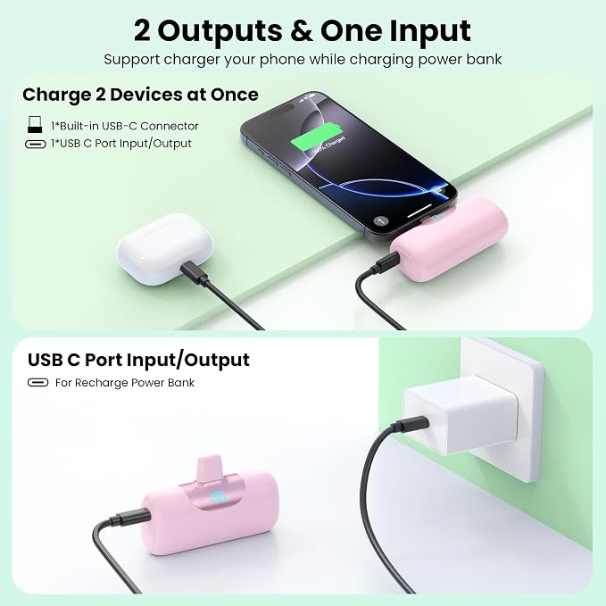 [2-Pack] 5500mAh Portable Charger for iPhone 17/16, LCD Display USB C Mini Power Bank, PD Fast Charging Travel Lipstick Sized Battery Pack for iPhone 17/16/15 Pro Max, Galaxy S25/S24, Pixel(Navy+Pink)