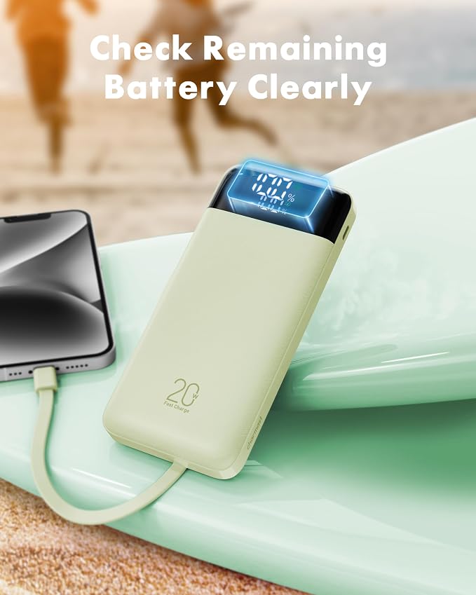 charmast 20000mAh Portable Charger with Built in Cables, 22.5W Travel Power Bank Fast Charging, USB C Cell Phone Battery Pack for iPhone 16/15/14/13/12/11 Series, iPad, Samsung, Android, Tablet