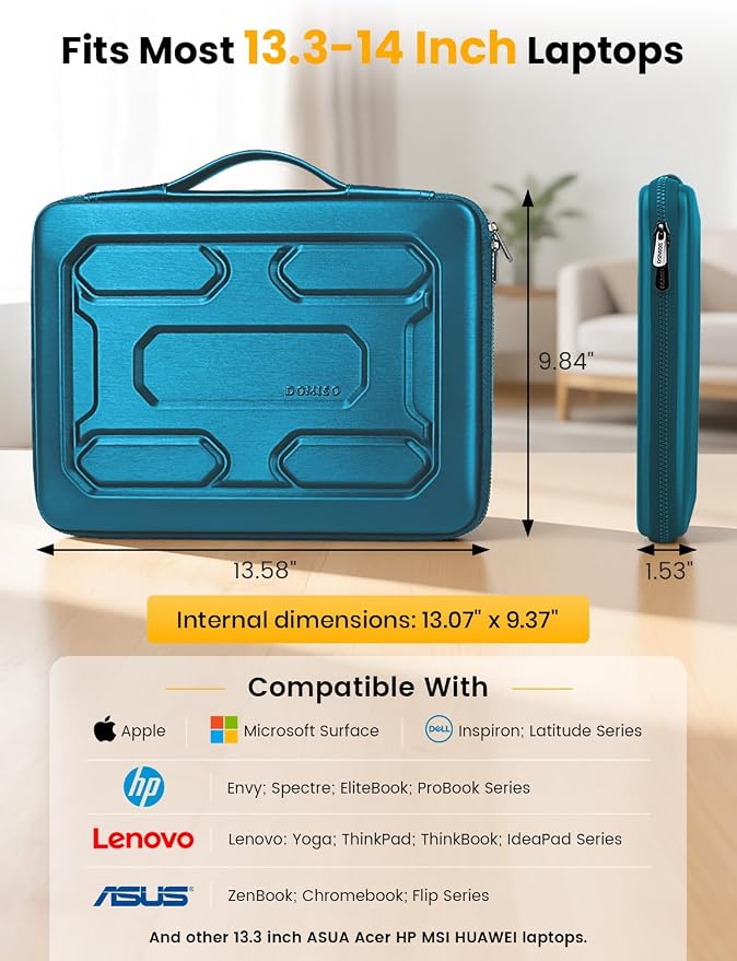 DOMISO Laptop Hard Case 14-14.4 inch Waterproof Shockproof Hard Shell Laptop Sleeve with Handle & Storage Pocket, Compatible with MacBook, HP, Dell, Teal