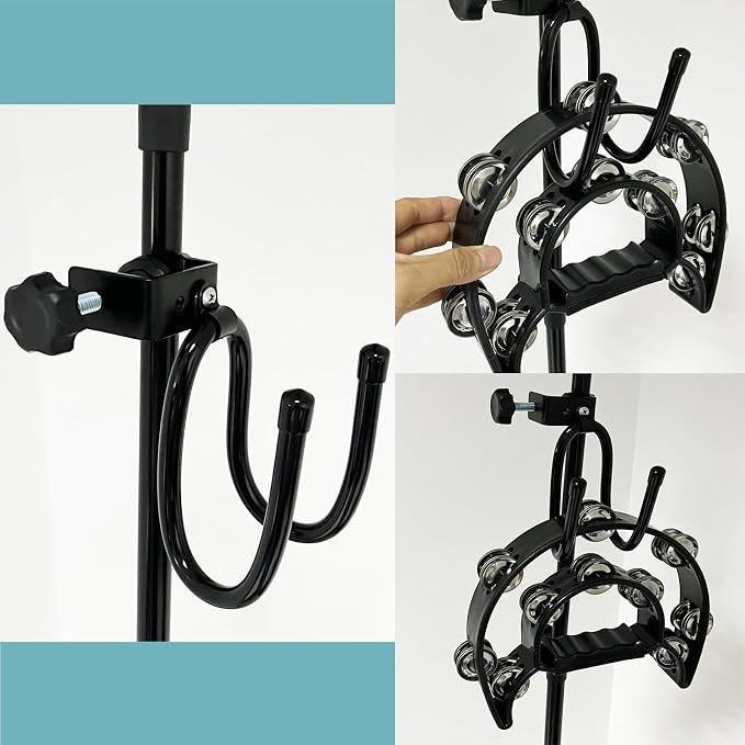 Pmsanzay Mic Microphone Stand Tambourine Hanger, Headphone Headset Holder Clip Stand, Easy to fit on Music or Microphone Stand for Tambourine, Cowbell, Headphones - Keep Tambourine Within Reach.