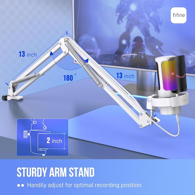 FIFINE Gaming PC USB Microphone Kit, Condenser RGB Mic with Metal Boom Arm, Mute, Gain Knob, Headphones Monitoring, Streaming Microphone Bundle for PS4/PS5, YouTube, Discord, Twitch-A8T White