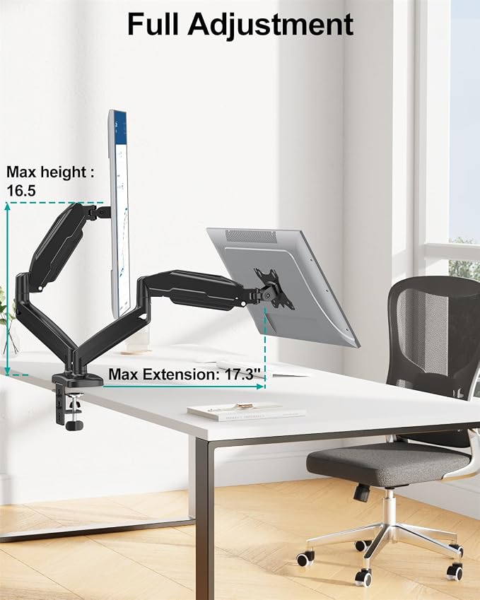 MOUNT PRO Dual Monitor Mount Fits 13 to 32 Inch Screen, Height Adjustable Monitor Stand for 2 Monitors, Full Motion Display Arm Holds up to 17. 6lbs Each, Computer Desk VESA Mount, Black