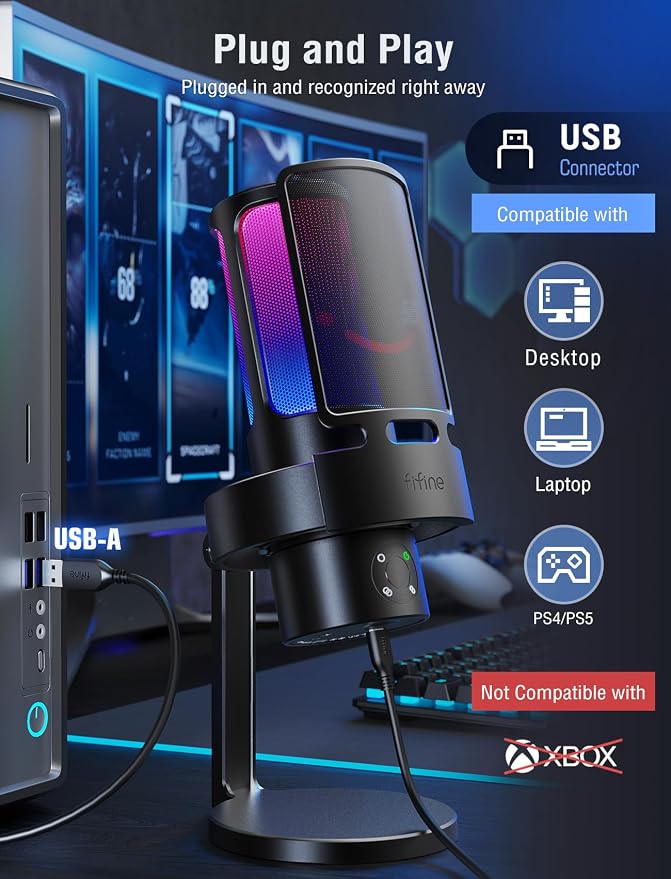 FIFINE Gaming USB Microphone, PC Computer Mic with 4 Polar Patterns for Podcast Streaming Recording YouTube, RGB Condenser Desktop Mic for Windows, Mac, with Headphone Jack-AmpliGame A8 Plus