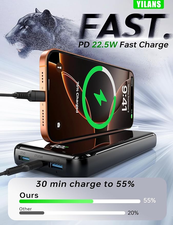 Portable Charger,50000mAh Power Bank Built-in Cable, 22.5W PD USB C In & Out Fast Charging, External Battery Pack with 6 Output & 2 Input, Travel Camping Essential for iPhone 17/16/15/14/13/12(Onyx)