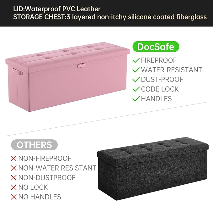 DocSafe Storage Ottoman Bench, Fireproof＆Waterproof Folding Bench with Lock(15”x 43”x15”), Leather Storage Chest with Handles＆2 Extra Boxes, Ottoman Safe for Bedroom,Living Room,Home Office, Pink