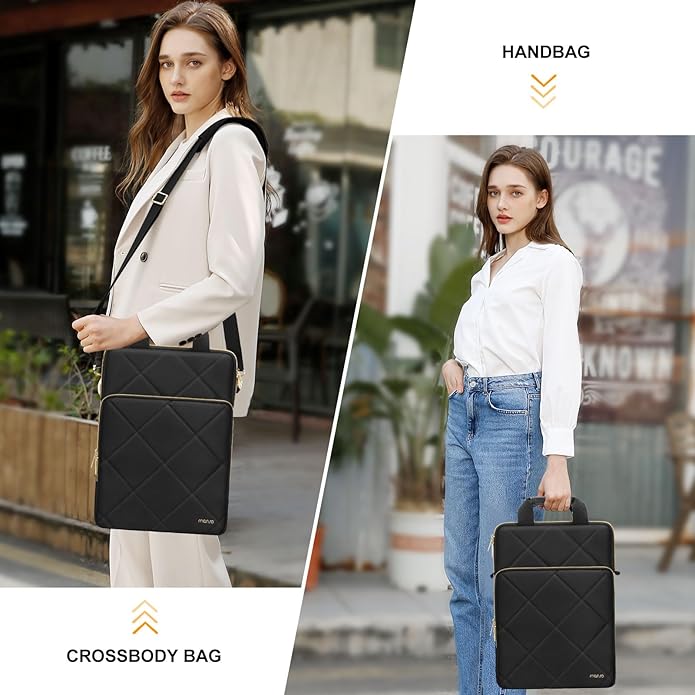 MOSISO Vertical Laptop Bag,Computer Bags,Rhombus Quilted Laptop Shoulder Bag with Trolley Sleeve&Pocket&Handle