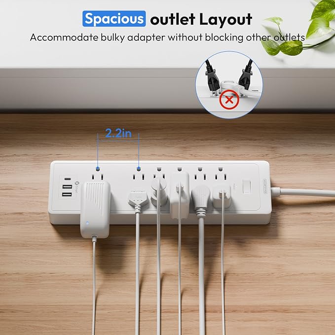 25Ft Extension Cord, NTONPOWER Long Cord Power Strip with 12 Outlet 3 USB(1 USB C), 2100 Joules, 1875W/15A, Overload Protection, Wall Mount for Home Office, Workbench, Garage, White