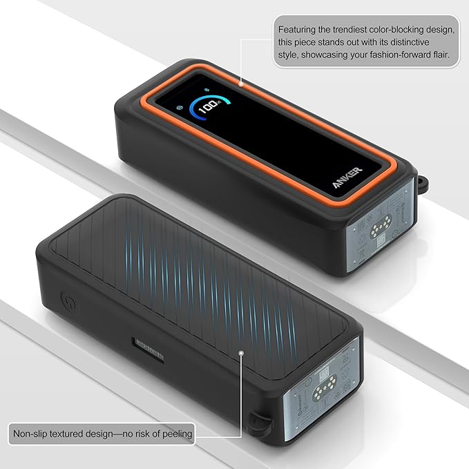 Silicone Case for Anker Prime Power Bank (26,250mAh 300W) Travel Protective Cover, Shockproof | Compact | Tactile Grip | Impact Protect for Anker Power Bank (300W), LCD Display Visible (Black Orange)