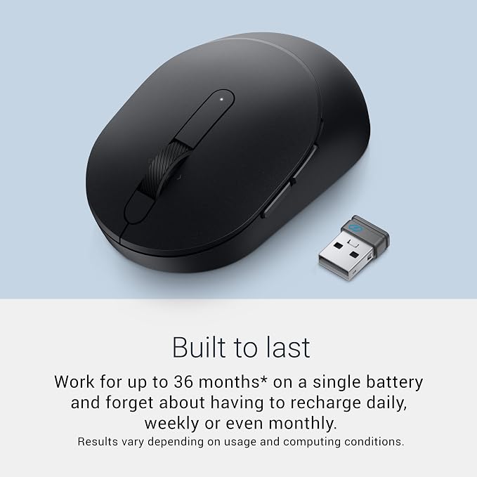 Dell Mobile Wireless Mouse - MS3320W, Wireless - 2.4 GHz, Bluetooth 5.0, Optical LED, Mechanical Scroll, 1600 DPI, 3-Buttons - Black