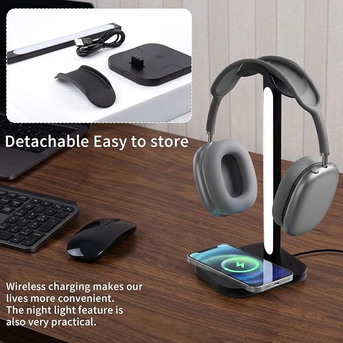3 in 1 Gaming Headphone Stand with Wireless Charger, Desktop Headset Holder Hanger Rack, Wireless Charging Station Compatible for iPhone Series, PS5, Xbox, PC Gaming Desk Accessories
