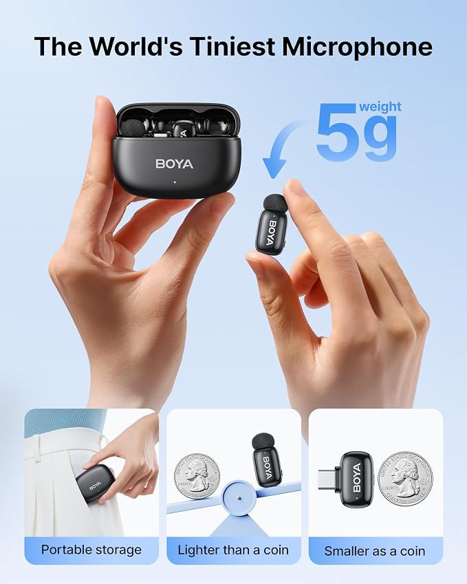 BOYA mini 2 Wireless Lavalier Microphones for iPhone 15/16/17 & Android, AI Noise Cancellation, App Control, 30H Battery Life with Charging Case, Lapel Microphone Wireless for Video Recording Vlogging