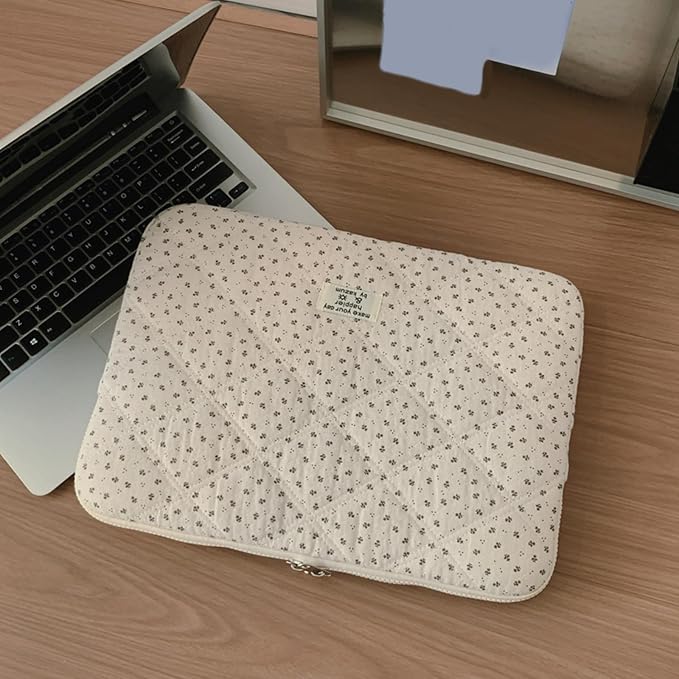 Puffy Laptop Sleeve 13-15.6 Inch Corduroy Quilted Laptop Protective Case Cute Floral Computer Sleeve Protective for MacBook (Cream Ditsy, 13-14 Inch)