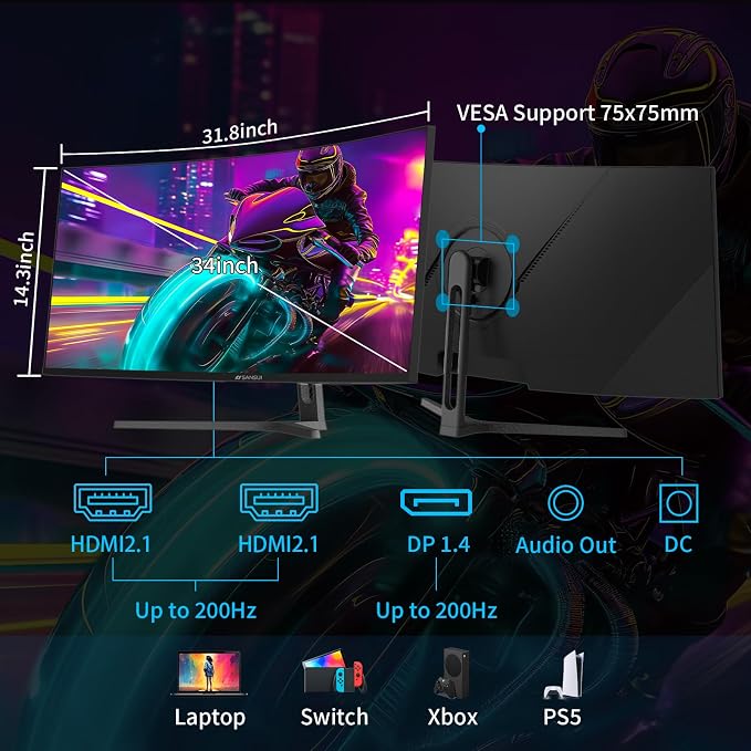 SANSUI 34-Inch Curved Gaming Monitor UWQHD 3440 x 1440P Up to 200Hz 165Hz Curved 1500R - PIP/PBP, OD 1ms, HDR, 300nits, sRGB 130%, DCI-P3 97%,AI Crosshair,HDMI2.1x2,DP1.4(Cable Included)
