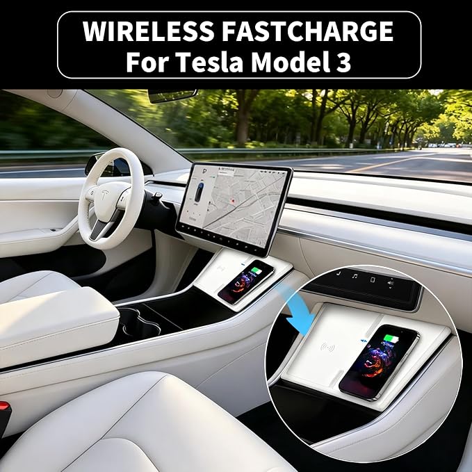White Wireless Charger for 2017-2020 Tesla Model 3, Dual 15W Tesla Model 3 Wireless Charger Pad, Centre Console Accessory Panel, OEM White Interior Match, Compatible with All Qi Phone