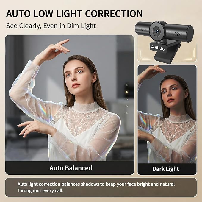 AIRHUG 4K 30fps Webcam - Sony 16MP Sensor, PDAF Autofocus, Auto Light Correction, Dual Omnidirectional Mics, 63° Focused View for Streaming Camera, Built-in Privacy Cover, Plug & Play for Windows/Mac