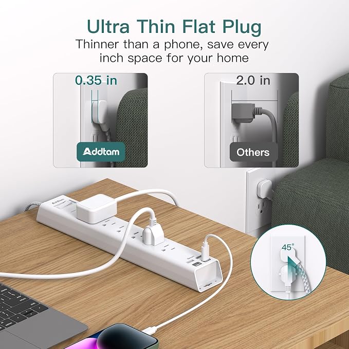 Addtam Power Strip Surge Protector - 2ft Short Extension Cord with 6 Outlets and 4 USB Ports (2 USB C), Ultra Flat Plug Wall Mount, Compact Charging Station for Travel Office Home