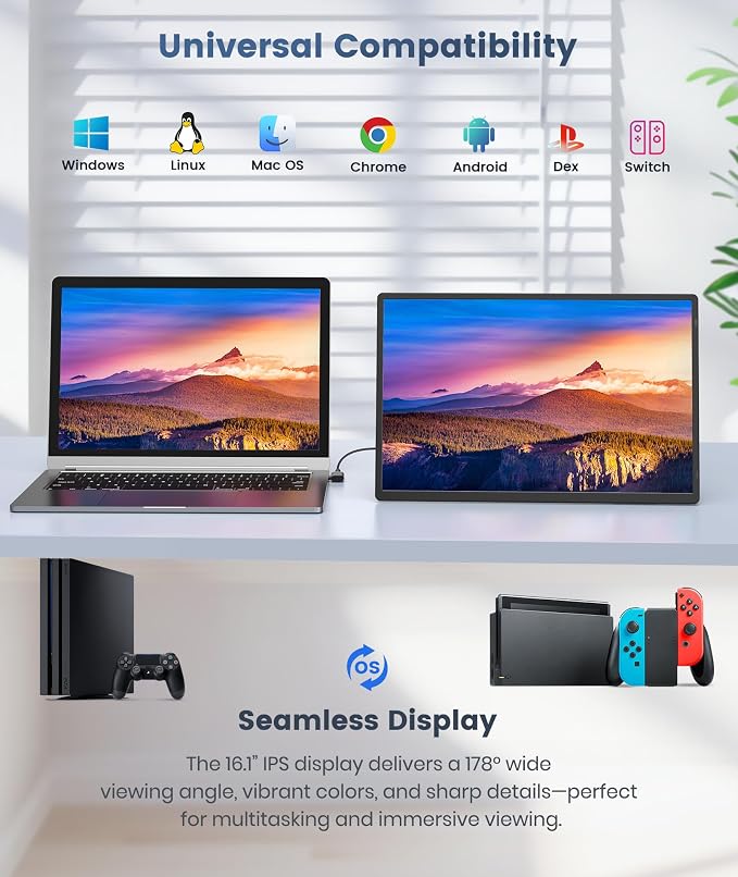 Synnov Portable Monitor, 16" 1200P FHD Laptop Screen Extender, 360° Rotating Detachable Stand, Plug&Play Travel Monitor for Laptop, Ultra-Slim & Zero-Frame Dual Screen for Win/Mac/Android