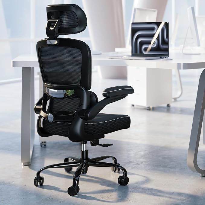 TRALT Ergonomic Office Chair - Desk Chair with Adjustable Headrest Lumbar Support Computer Chair - Mesh Comfy Chair with Flip-up Armrests - Gaming Chair for Adults Home Office PU, Black, Pack of 8