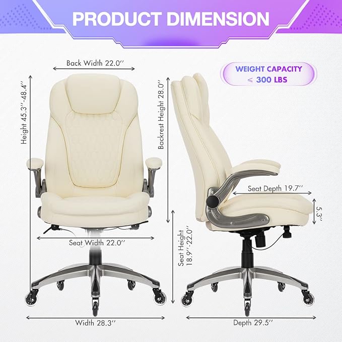 COLAMY Ivory Leather High Back Executive Office Chair Set of 2, Ergonomic Desk Chair with Flip-up Arms, Thick Cushion, Silent Nylon Wheels, Adjustable Height & Rocking Function, 300lbs Capacity