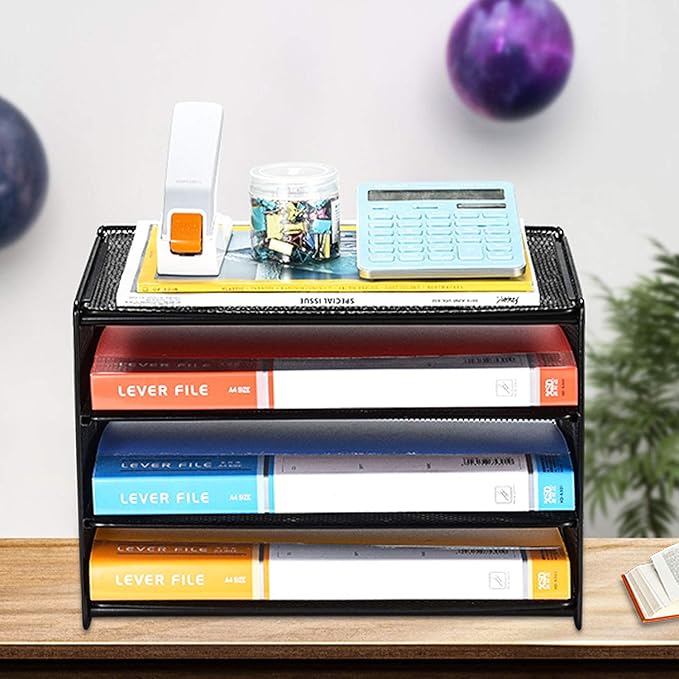 Samstar 2 Pack Paper Letter Tray, 3-Tier Desk File Organizer Paper Sorter Letter Shelf Rack, Mesh Made,Black