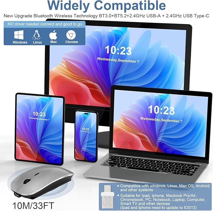 Kovess Wireless Bluetooth Mouse for Mac Air MacBook Pro Laptop PC Pad Optical Rechargeable Silent Mouse with Jiggler Mode Dual Mode Switch Bluetooth 5.2/3.0 and 2.4G USB-A & USB-C Receiver Gray