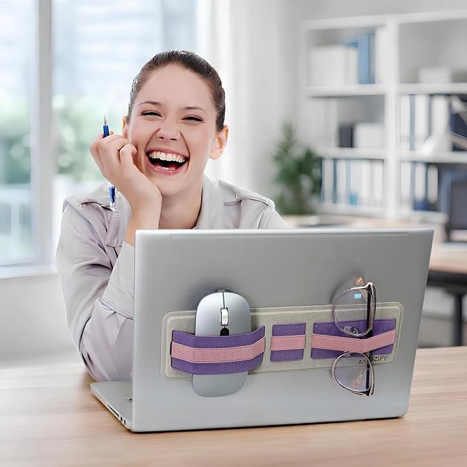 AMOZIFY® Space-Efficient Anti-Slip Organizer, Mouse Holder for Laptop Stick On, 3-Slot Band Laptop Pocket Adhesive | Hard Drive Holder (Purple-Pink)