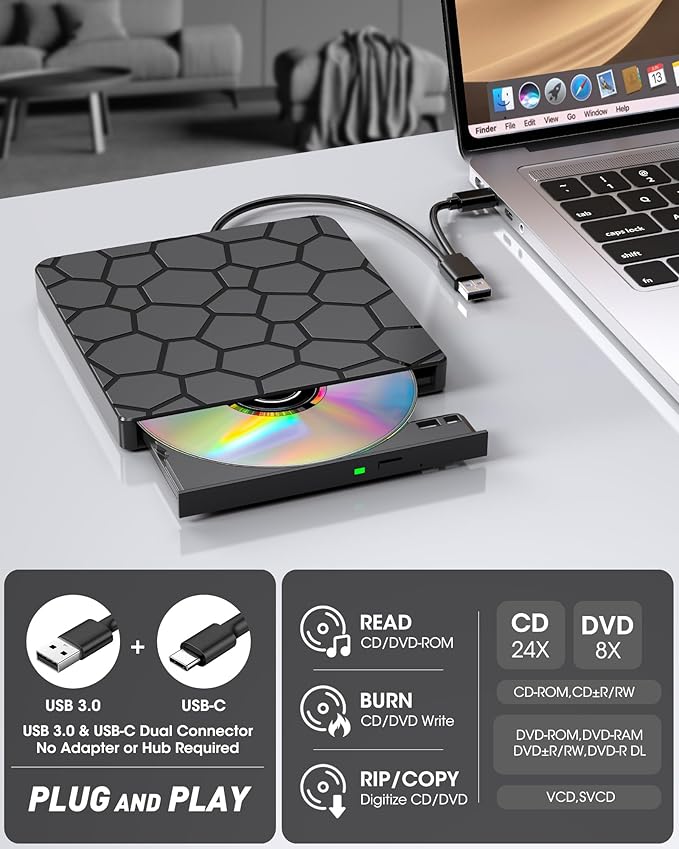 ROOFULL External CD DVD Drive for Laptop, USB 3.0 & USB-C Portable CD/DVD-RW Disc Drive Reader Burner Writer Player for Windows 11/10/8/7 Laptop Mac MacBook Linux PC, RF868