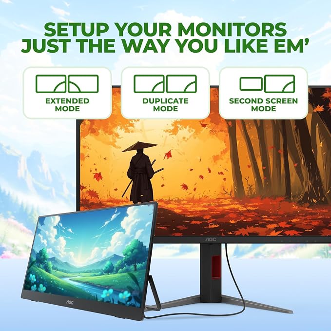 AOC 16T30 Portable Monitor 15.6" FHD 1080p IPS Display, USB-C, Mini HDMI, Built in Speaker, Kickstand, Travel Monitor, Compatible with Laptops, MacBook and Gaming Console