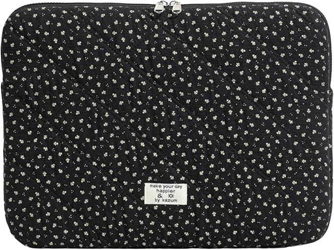 Puffy Laptop Sleeve 13-15.6 Inch Corduroy Quilted Laptop Protective Case Cute Floral Computer Sleeve Protective for MacBook (Black Ditsy Floral, 15.6 Inch)