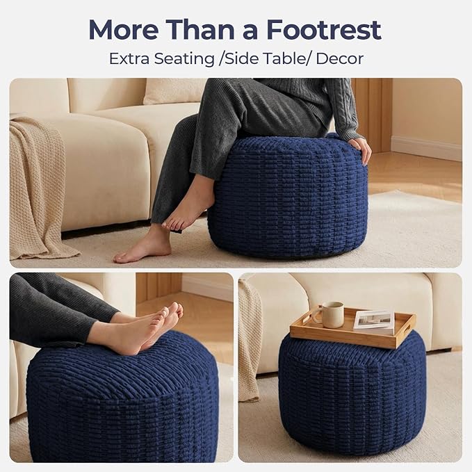 Round Pouf Ottoman Stuffed Corduroy Poufs Foot Rest with Foam Filling Fluffy Pouf Storage Ottoman Relax Stool for Living Room Couch 20 X 15 Inches, Blue